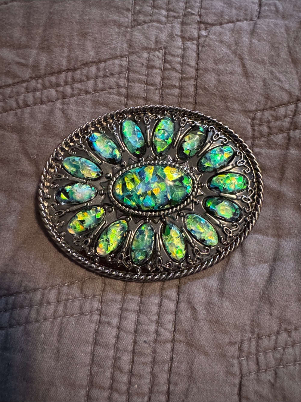 Western Silver Tone Green Opal Look Statement Belt Buckle
